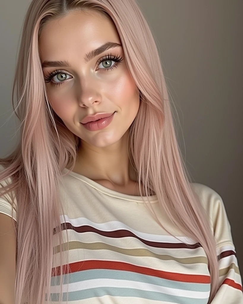 "((Beautiful 20-year-old Italian girl)), ((blonde with pink highlights)), ((hair down), girl looks shy, ((detailed face)), ((detailed skin)), ((gentle brown, chocolate tan)), attractive figure, ((big, round blue eyes)), black eyeliner, ((sensual lips)), suggestive pose, ((sitting in the gaming room)), ((pink pillowcase)), ((just she finished her evening gaming session)), ((the photo should be of the highest quality)), ((very realistic)), ((natural)), ((clear)), ((close-up of the person)). gaming)),"