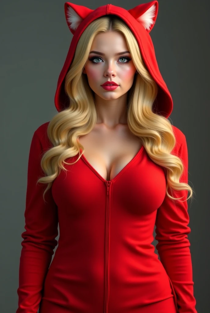 The character Supergirl, extremely beautiful face, perfect red and black costume, extremely beautiful blue eyes, perfect blond hair, smooth curves, black style costume