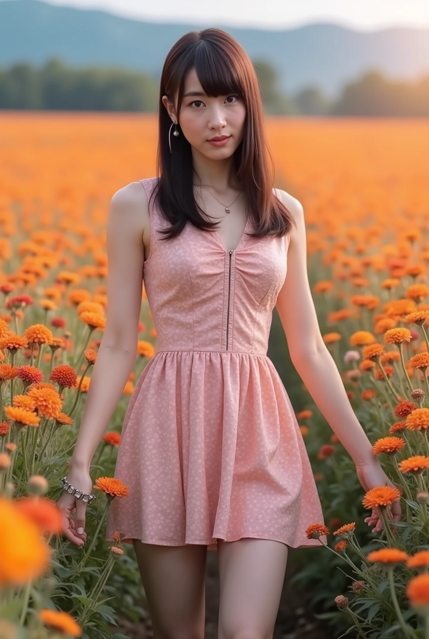 Create a portrait of a stunning Japanese idol wearing a cute mini dress, striking a pose. She has semi-long hair, a slender figure, small breasts, and thin legs. The background features a vast flower field bursting with vibrant colors, illuminated with cinematic lighting.