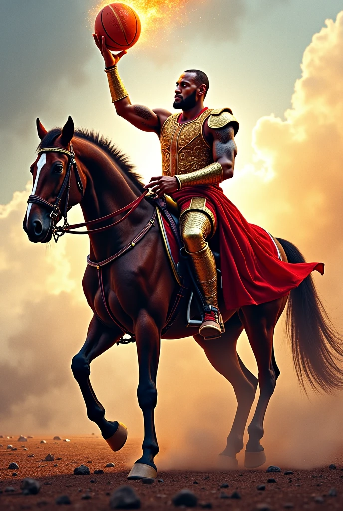 Muscular African man with golden crown and red king cape with double axe in hand riding a white horse