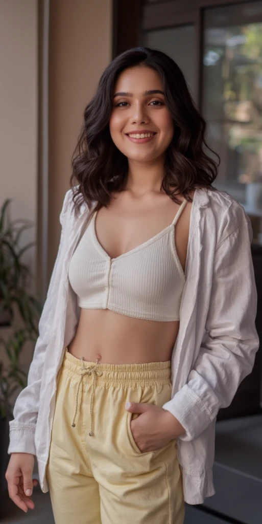 Rosa Salazar dressed in an unbuttoned jacket and lace panties and smiling