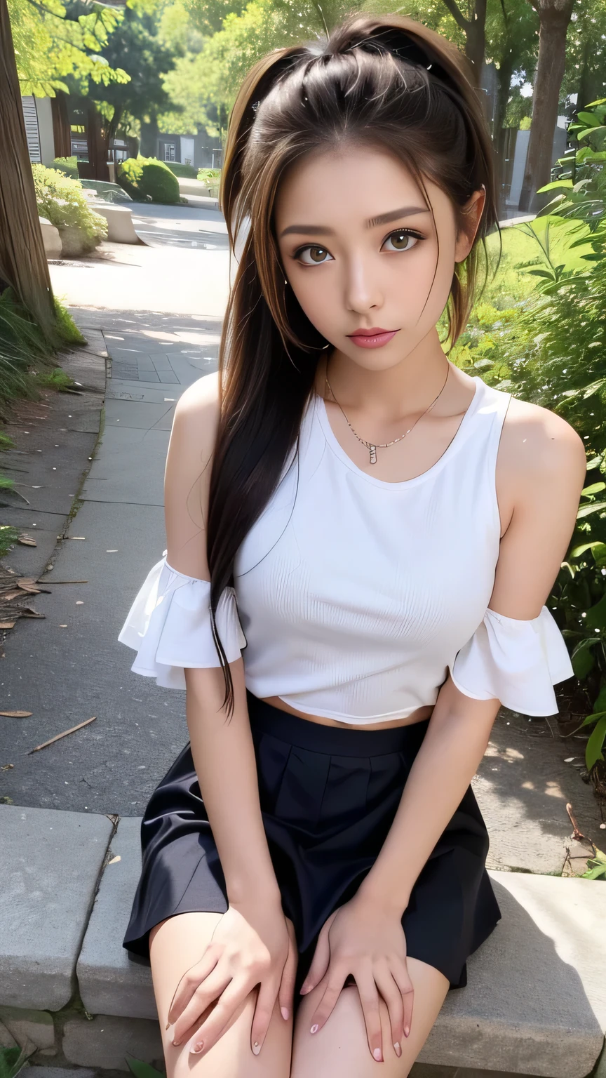 (in 8K、Raw photography、Highest Quality、realisitic、Photorealsitic、Professional Lighting、masterpiece、extremely delicate and beautiful、Highly detailed、finely detail、ultra-detailliert、hight resolution、beautiful and detailed face、Textured skin、full-shot:2、low angles:1.5)、1girl in、独奏:2、beautiful model、美丽的面容:1.5、white tank tops、short red skirt、White panty:2、Long body、hi-school girl、poneyTail、18age、brown curled head hair、high-heels、a park