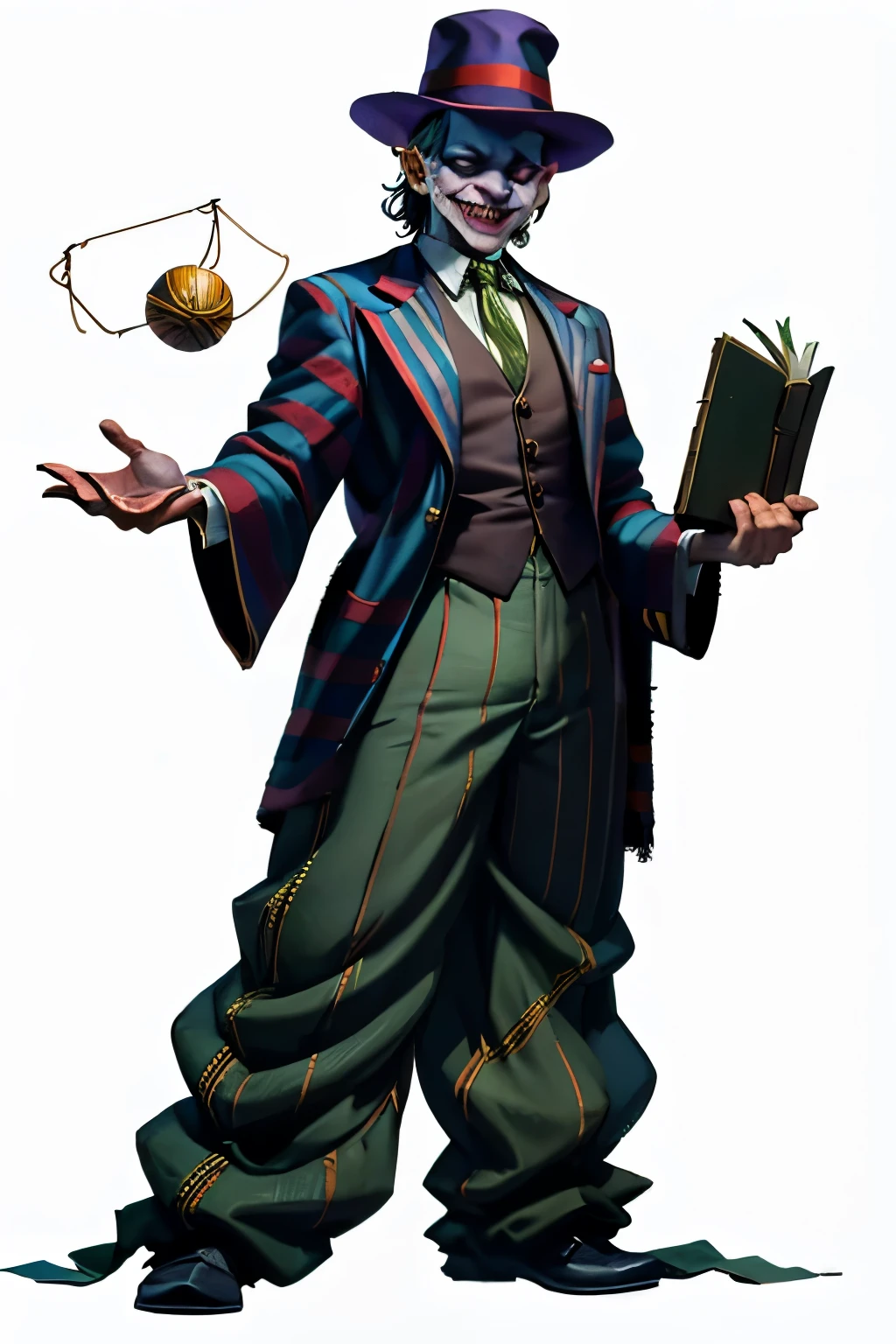   I want a character with a white background, png, full body image,a court fool , Joker, With murderous posture, Wearing a red court fool's hat, colorful striped clothes filled with rags, balancing books and juggling,  All at the same time , lifting objects, With a creepy smile and full baggy pants.