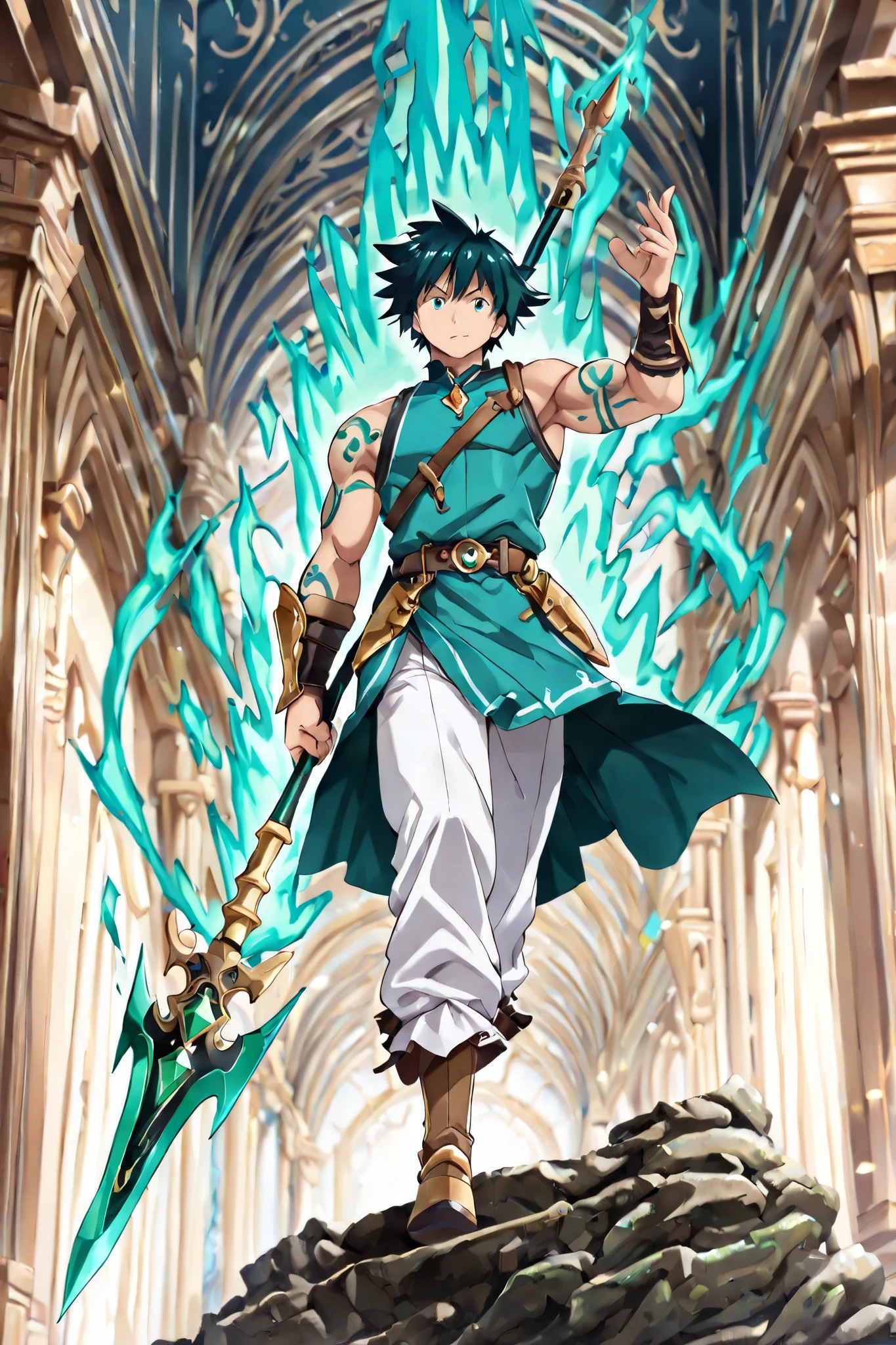 ((full body)), 1boy, short dark teal hair, confident expression, muscular build, detailed outfit, sleeveless teal tunic, white pants, intricate tattoos on arms, holding a spear with a green gem, (dynamic pose:1.2), (looking at viewer), (sharp focus), (high detail), (anime style:1.4), (vibrant colors), (intricate details:1.5), (best quality:1.2), (very aesthetic:1.3), (detailed background), (soft lighting), (fantasy environment), (magical aura around spear:1.1), (masterpiece:1.2), (absurdres:1.2), (elegant accessories), (armor details), (heroic stance), (artistic flair)