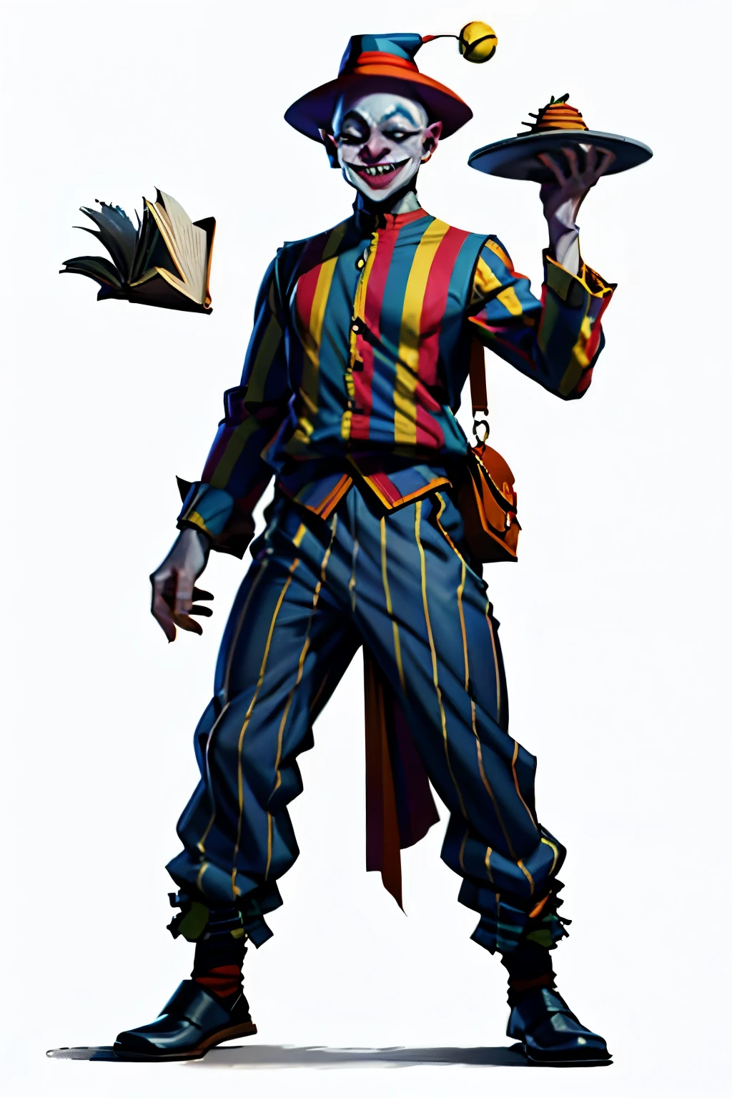 I want a character with a white background, png, full body image,a court fool , Joker, With murderous posture, Wearing a red court fool's hat, colorful striped clothes filled with rags, balancing books and juggling, all at the same time, Livitating objects, With a creepy smile and full baggy pants.