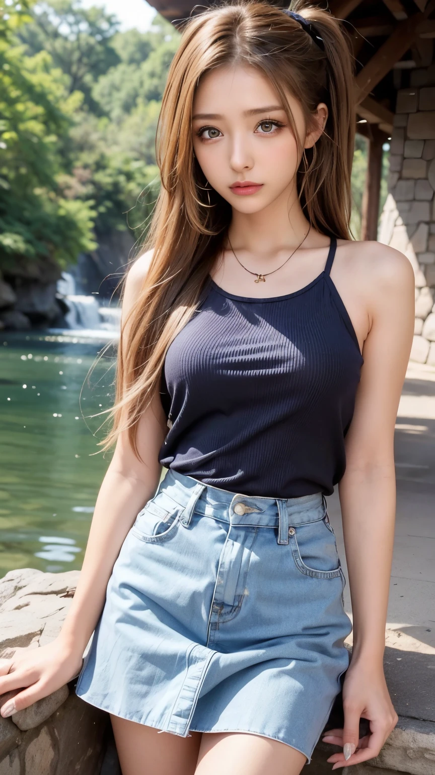 18-year-old, adorable, British girl, 15 years old, portrait ,Tank top((mini skirt))、Thighs Thighs Nose:1.1), hair scrunchie, Beautiful ponytail  , (high color saturation,catch light:1.0),  (highly detailed skin), (highest quality:1.0), (Super high resolution:1.0) ,(photo-realistic:1.0), (super detailed:1.0), (8K, RAW photo:1.1),( smile:0.8),looking at the viewer