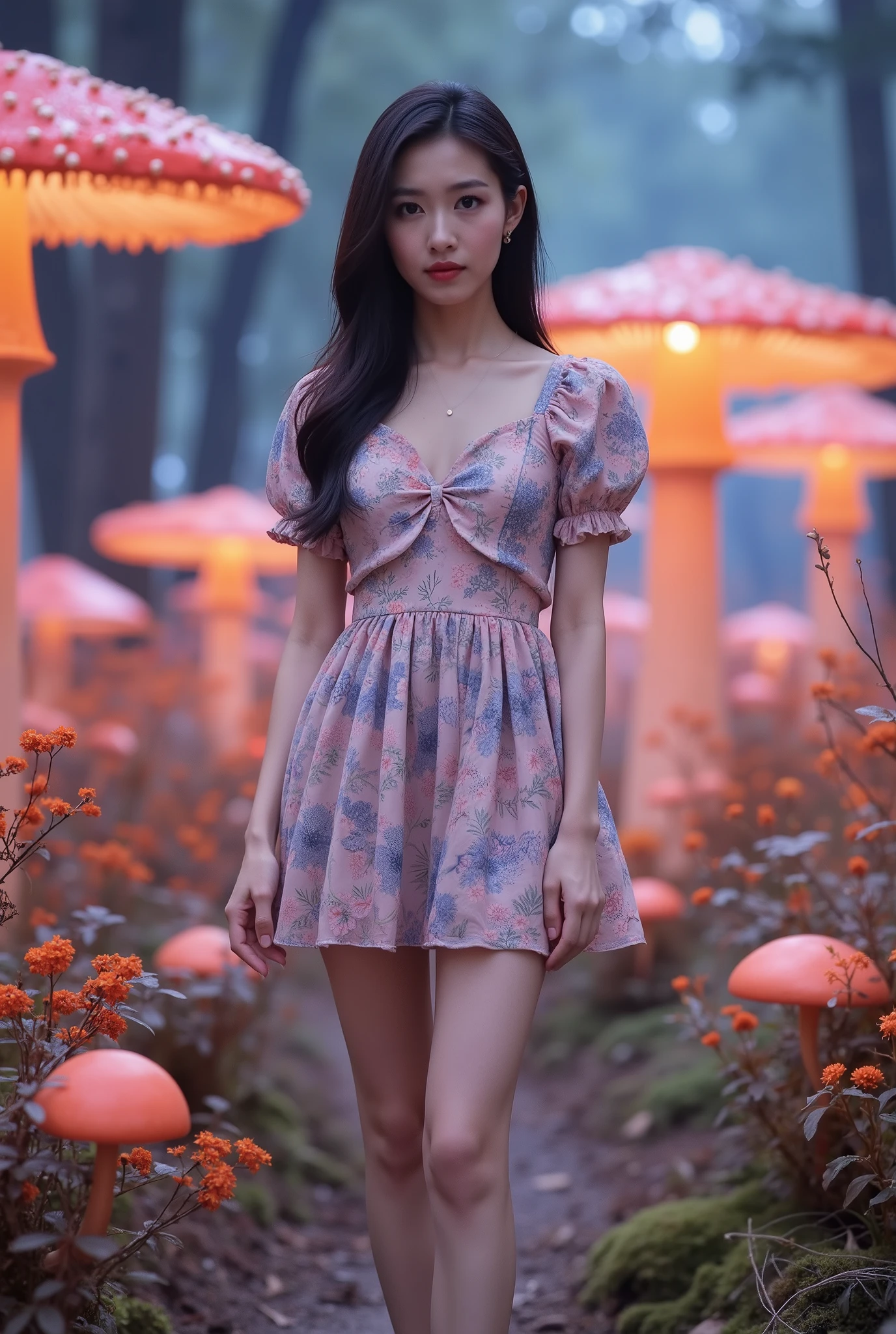 Create a portrait of a stunning Japanese actress standing gracefully in a whimsical, colorful world. She is wearing a cute, fairy-tale-inspired mini dress that accentuates her slender figure, small bust, and thin legs. The background features a magical forest filled with large, glowing mushrooms, all rendered in vibrant colors. Capture this scene from a dynamic angle to enhance the enchanting atmosphere.