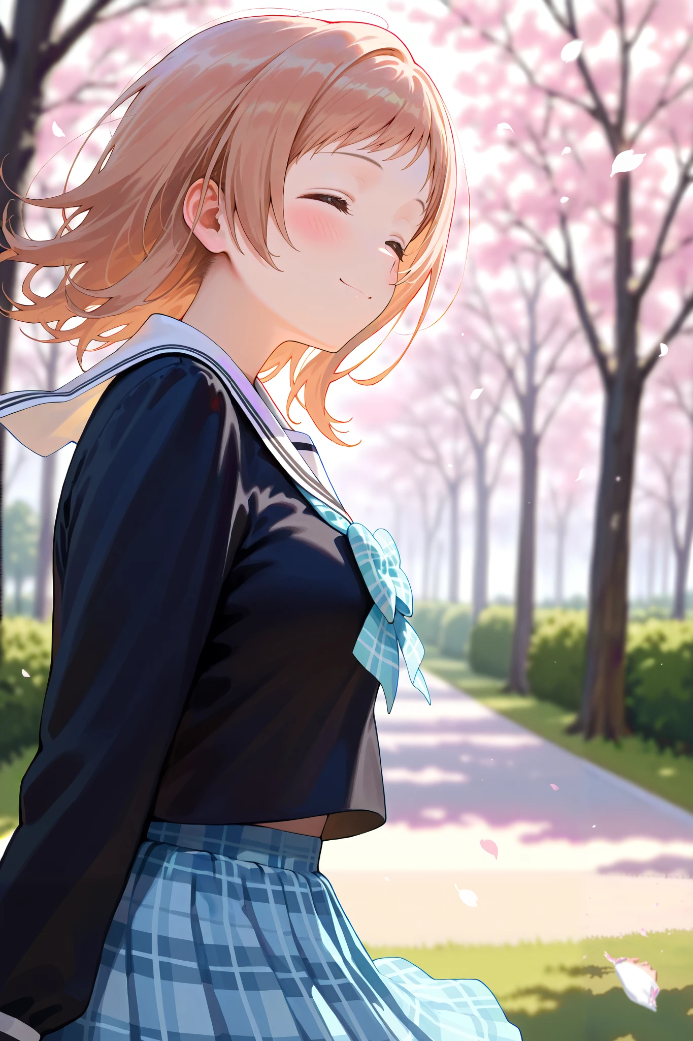 (masterpiece), (Highest quality), (Very detailed),
(The best shape), (Best Shadow), (Absurd),
(Detailed Background), (So beautiful), Shiny,
Extraordinary, Countershading, 8k, 32K, High resolution,
Very Detailed CG ,
Score_9, Score_8_up, Score_7_up, Source_anime,
(Pastel painting:1.2), (Watercolor painting:1.2),
(Masterpiece, Detailed:1.2), (Foreshortening:1.2),
Cinematic, Dramatic, (Depth of field:1.4),
(Blurry background:1.4), (Realistic background:1.4), Dynamic angle, from side,
1 girl, Solo,
Outdoors, Nature, Park, Wind,
Spring, Cherry blossoms,
Sakuragi Mano,
the idolm@ster shiny colors,
mano sakuragi,
(Brown hair:1.1), Medium hair,
(School uniform:1.3),
(Black sailor suit:1.3), Long sleeves suit,
(White sailor collar:1.4),
Ribbon, Light blue ribbon, Butterfly ribbon,
Skirt, Light blue skirt, Checkered skirt,
(Blush:1.3),
Portrait,
Focus on face,
Smile, Happy, Closed eyes,
Realistic skin,
Shiny skin,