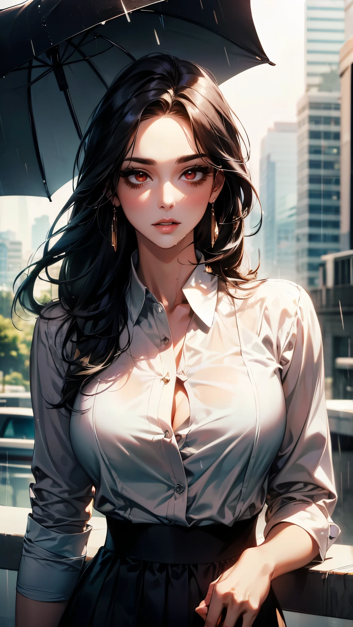(Masterpiece,Highest quality,32k,Ultra-high resolution,appropriate margins,nice lighting),1 person,Very beautiful adult woman,Slim body,Very large breast,flowy Hair,raven hair with white streaks,(side bangs, cute forehead),mascara,Red eyeliner,glossy lip,Thin teak,Thick upper eyelashes,Thin eyebrows,crimson eyes,seductive eyes, sad, shoulder-length hair,(rolled up sleeve, office shirt), skirt, cat eye view,street, raining,wet clothes (ultra detailed, super sharp focus)
