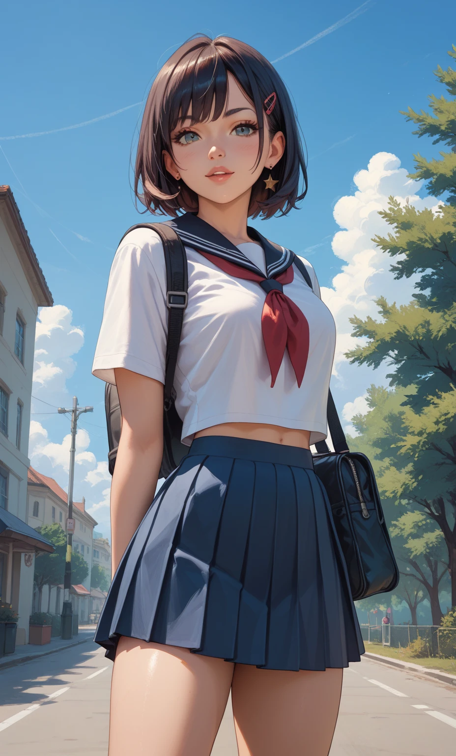 (obra de arte:1.3, Maximum quality, ultra high resolution, ultra detalhado), (realista, photorealista:1.4), beautiful illustration, perfect lighting, natural lighting, Colorida, profundidade de campos, Surrealismo,  
lindo cabelo detalhado, lindo rosto detalhado, lindos olhos detalhados, beautiful collarbone, Corpo bonito, lindo peito, linda coxa, lindas pernas, lindos dedos, pele brilhante, 
olhando para o espectador, 1 garota, Japanese, high school girl, (anatomia perfeita, Anatomicamente Correto, pele super detalhada), beautiful and symmetrical face, baby face, rosto perfeito, olhos perfeitos, 
(medium hair, dois lados para cima, cabelo rosa), franja cruzada, olhos roxos, droopy eyes, olhos grandes, long eyelashes, (seios grandes, coxas sedutoras, dentadura da pele), delgado, outstanding style, 
((Textura detalhada de tecido, camisa de colarinho branco, saia plissada azul, dark red ribbon around the neck), meias pretas, mocassim), 
(beautiful scenery), late afternoon, (telhado da escola), (standing), (kind smile, Olhos superiores),