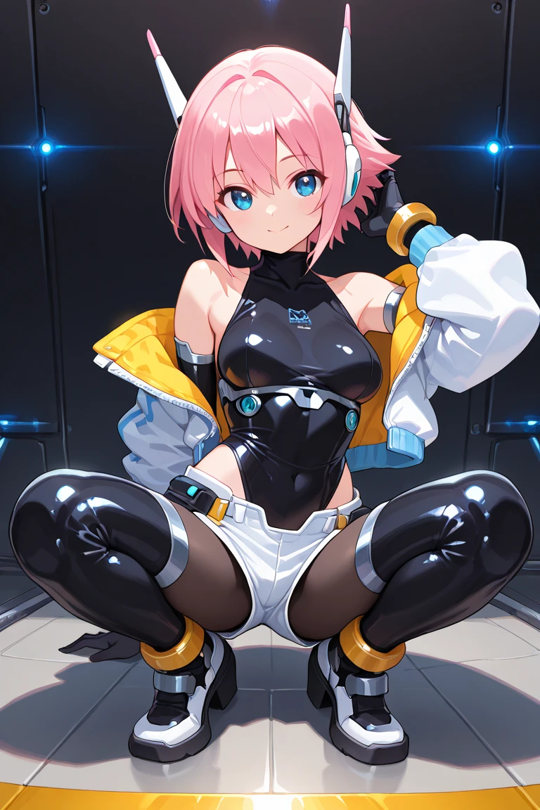 Highest quality、masterpiece、Neon Light、night、cyber punk、(Highest quality、masterpiece:1.2)、detailed、非常にdetailed、detailedな体、detailedな顔、detailedな手、score_9、score_8_up、score_7_up、score_6_up、score_9、One girl、solo、Huge Ass、Lucy \(cyber punk\)、score_9、One girl、short hair、bangulti-coloured hair、Multi-coloured eyes、Red eyeliner、make、Bare shoulders、Black belt、Bodysuits、High leg leotard、White open jacket、White shorts、Hip Vent、Thigh-high boots、No correction、Thick thighs、blue eyes、blush、Naughty face、smile、lips、、Perfect Eyes、