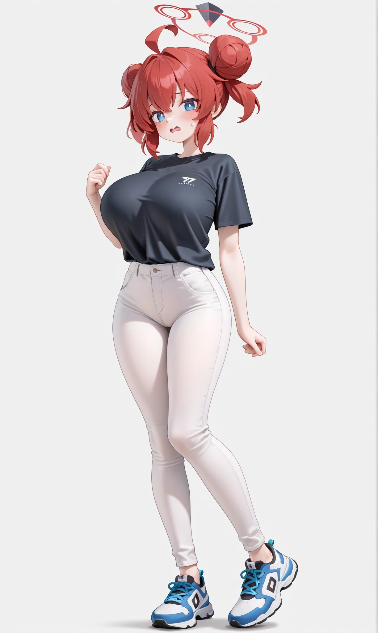 (masterpiece, best quality), sakurada, orange t shirt, long sleeves, white pants, bootcut jeans, scoop neck, indoors, caffe, Hands on hips, belly botton, blue shoes, full body, looking at the vewers, standing,