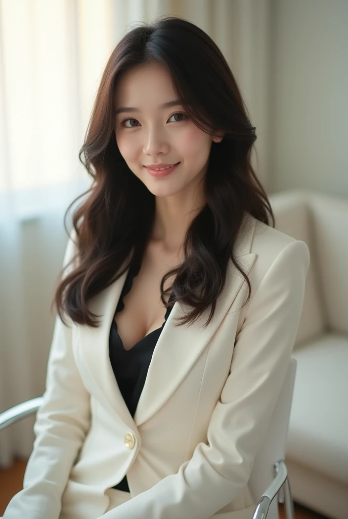 ((Top quality, 8K, Masterpiece: 1.3)), Beautiful girl, Pure, Melon face, Kind and cute, Sweet smile, Pure desire, Slender body, (Front), (Tilted head), ((Looking at camera) ), wearing a dark orange suit, black silky medium hair, long flowing shoulders, normal chest, round black big eyes, clear big eyes, moist red lips, sweet, sitting on a chair, hotel The background of the room, (((waist shot))), ,