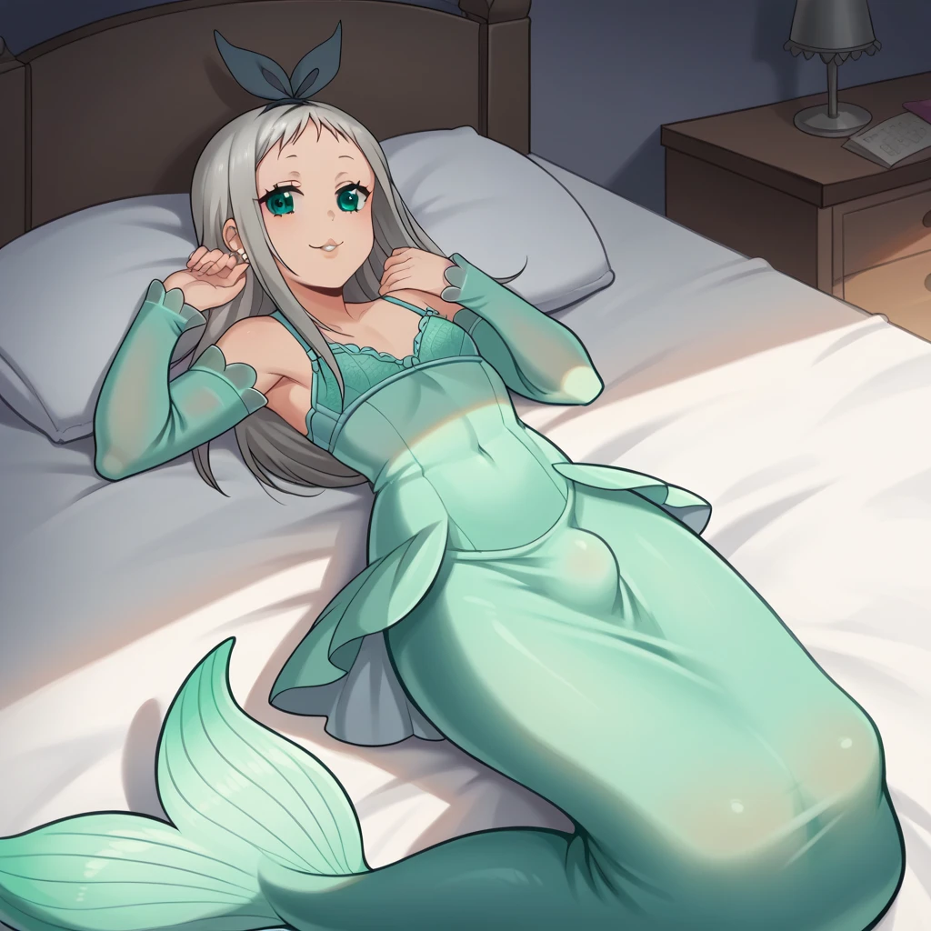 score_9, score_8_up, score_7_up, source_anime,
Hideri Kanzaki, HideriKanzaki, green eyes, grey hair, androgynous,
Wedding Mermaid dress, green dress, bra, green bra, small breasts, long sleeve dress, transparent sleeve, pink lips, diamond earings, full body, pearl crown,
indoors, bed, sleeping on the bed with sex position, smile, (bulge),
looking at viewer, cowboy shot, solo, dutch angle,