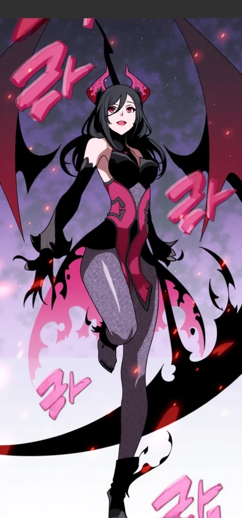 1girl,mature female,30s,sensual,black langerie,cleavage,medusa hair,pointy ears,black hair,long hair,((red skin,colored skin)),night,moon,floating,evil smile,dynamic pose,demon girl