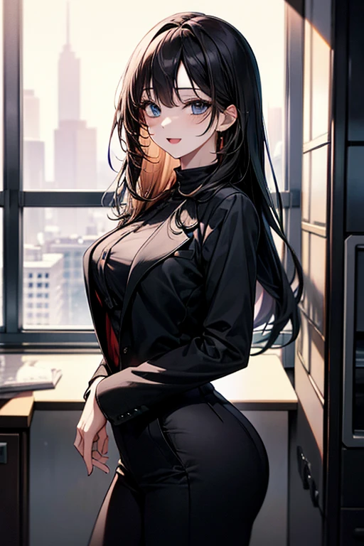 Highest quality, Soft Light, Ultra-high resolution,young woman, alone, sexy, (Grim face), (Red eyes), Beautiful face in every detail,(High resolution detail of human skin texture), (Black long hair), Dress shirt,Suit pants,Mercenary-like woman
