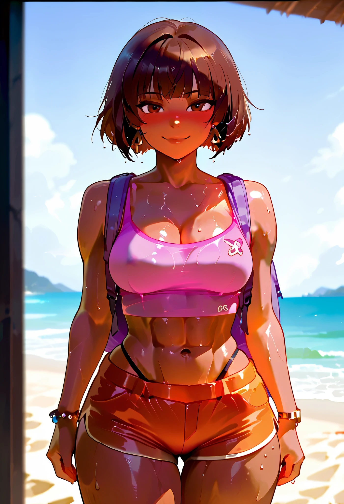 ((best quality , extremely detailed , finely detail , intricate detail))), (((Best Quality, 8K, Masterpiece: 1.3)), Full Body, Focus Clear: 1.2, Outstanding Beauty: 1.4, Slender Abs: 1.2)), ((dynamic angle)), (((wide view))), wide-angle lens, extremely detailed, CG, 8k Amazing, finely detail)), (intricate details, depth of field), 8k UHD, ((amazing quality,very aesthetic,absurdres,best quality,newest, masterpiece, ultra detailed, best quality, beautiful face, perfect anatomy, anatomically correct, athletic sexy body)), Expressiveh, (cute face, cute body))), (((beautiful Dora the explorer, doraSDXL,1girl,((((brown bob cut hair with straight bangs)))),(((((dark-skinned female))))), wet hair, brown eyes, perfect eyes, big eyes, perfect teeths, thicc lips, glossy lips, sexys, medium perky breasts, cleavage, ((tan skin)), wet skin, navel, small hips, slender, small round butt, earrings, ((orange booty shorts)), ((tight shorts)), ((small pink tank top)), pink shirt, (pink crop top), bare midriff, loose shirt, (loose crop top), cut off shirt, (orange shorts), bracelet,, ((black brazilian thong)),((purple backpack))))), ((medium breasts, slim sexy body, curvy hips, seductive pose, flirting, naughty face, blush)))), (((looking at viewer, happy smile, joy, cowboy shot, dynamic pose)))), curvy, toned, athletic, BREAK, ((backview:1.3)), ((((seductive pose, sexy pose, cowboy pose, hourglass figure)))), ((precise face and eyes:1)),, ((high resolution)) , ((solo portrait)) , ((sideview)) , {(attractive figure) , (((beautiful legs))), BREAK, (((profile view:1.3))), BREAK, (((((big bubble butt, round ass, slim waist, muscular abdomen, toned back, toned legs, , highleg thong, denim shorts (ripped), standing in beach, back view, view of back, ass-up, close up ass, asselfie)))))