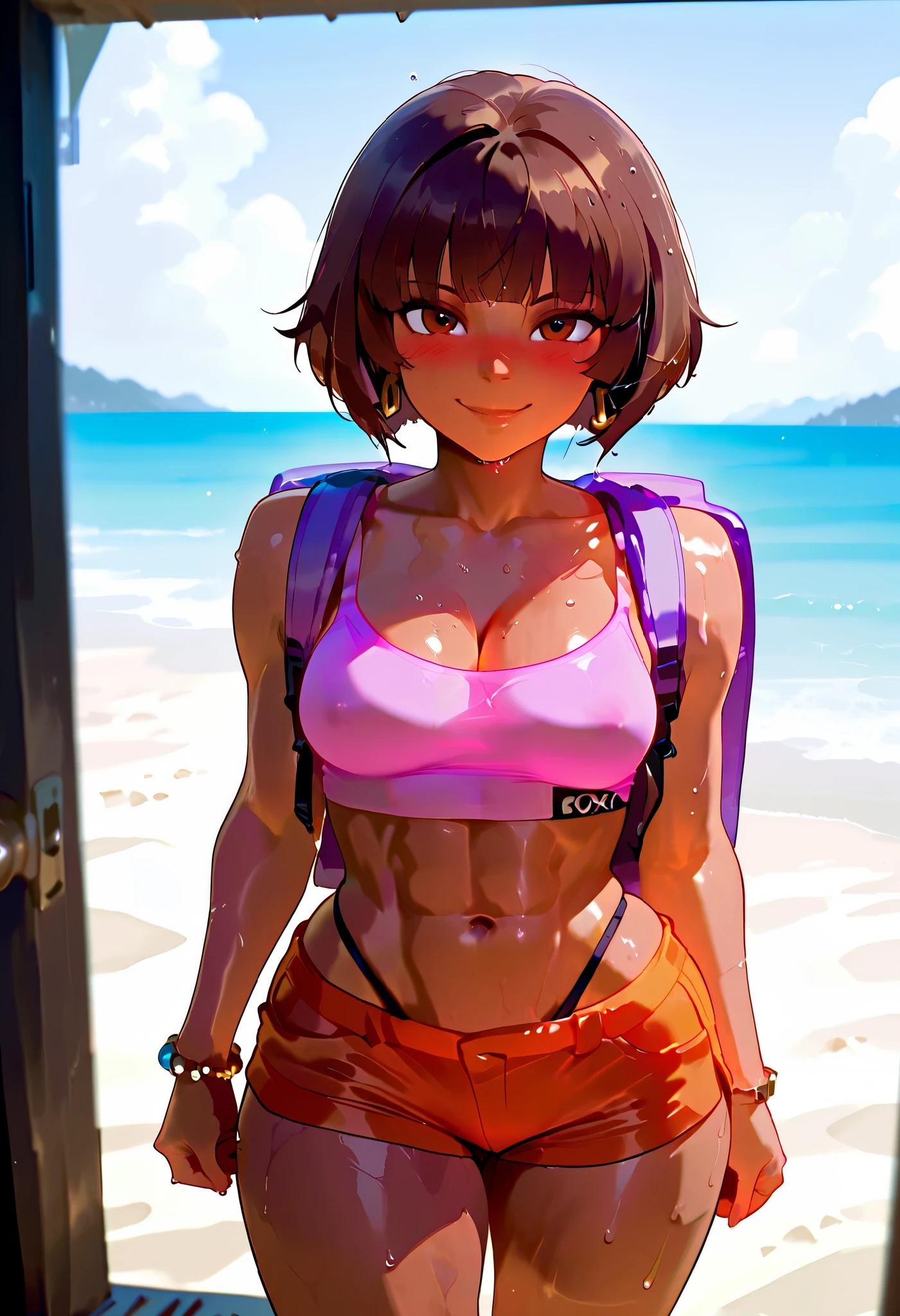 ((best quality , extremely detailed , finely detail , intricate detail))), (((Best Quality, 8K, Masterpiece: 1.3)), Full Body, Focus Clear: 1.2, Outstanding Beauty: 1.4, Slender Abs: 1.2)), ((dynamic angle)), (((wide view))), wide-angle lens, extremely detailed, CG, 8k Amazing, finely detail)), (intricate details, depth of field), 8k UHD, ((amazing quality,very aesthetic,absurdres,best quality,newest, masterpiece, ultra detailed, best quality, beautiful face, perfect , anatomically correct, athletic body)), Expressiveh, (cute face, cute body))), BREAK, (((beautiful Dora the explorer, doraSDXL,1girl,((((brown bob cut hair with straight bangs)))),((((dark-skinned female)))), wet hair, brown eyes, perfect eyes, big eyes, perfect teeths, thicc lips, glossy lips, sexys, medium perky , cleavage, ((tan skin)), wet skin, navel, small , slender, small round , earrings, ((orange booty shorts)), ((tight shorts)), ((small pink tank top)), pink shirt, (pink crop top), midriff, loose shirt, (loose crop top), cut off shirt, (orange shorts), bracelet,, ((black brazilian thong)),((purple backpack))))), ((, slim body, curvy , pose, , face, blush)))), (((looking at viewer, happy smile, joy, cowboy shot, dynamic pose)))), curvy, toned, athletic, BREAK, ((backview:1.3)), (((( pose, pose, cowboy pose, hourglass figure)))), ((precise face and eyes:1)),, ((high resolution)) , ((solo portrait)) , ((sideview)) , {(attractive figure) , (((beautiful legs))), BREAK, (((profile view:1.3))), BREAK, (((((big bubble , round , slim waist, muscular abdomen, toned back, toned legs, , highleg , denim shorts (ripped), standing in beach, back view, view of back, ass-up, close up , asselfie)))))
