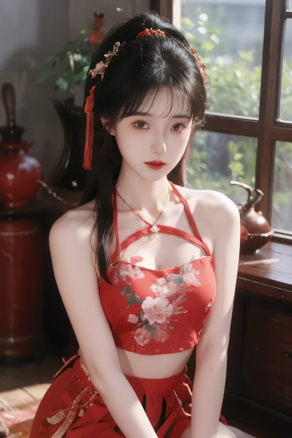 is the best quality,  masterpiece, High Aims, 1 girl, Beautiful red Hanfu, Hair   ornaments,  necklace,   ornament, pretty face, When the body, Tyndell effect, Realistic portrait, Dark Studio, Edge lighting, Bicolor Light , (very delicate skin:1.2),  8,000 uhd, DSLR, Soft Light, High quality, Volumetric Lighting, Honest, photo, high resolution, 4K,  8,000, Bokeh, dark hair，PINK HAIR TIPS, pink eyes.1 girl, skirt,  Hair accessories , red skirt, alone,  Chinese clothing ,  long hair, Sitting, bare shoulders, window, brown hair, OK, interior, dark hair,