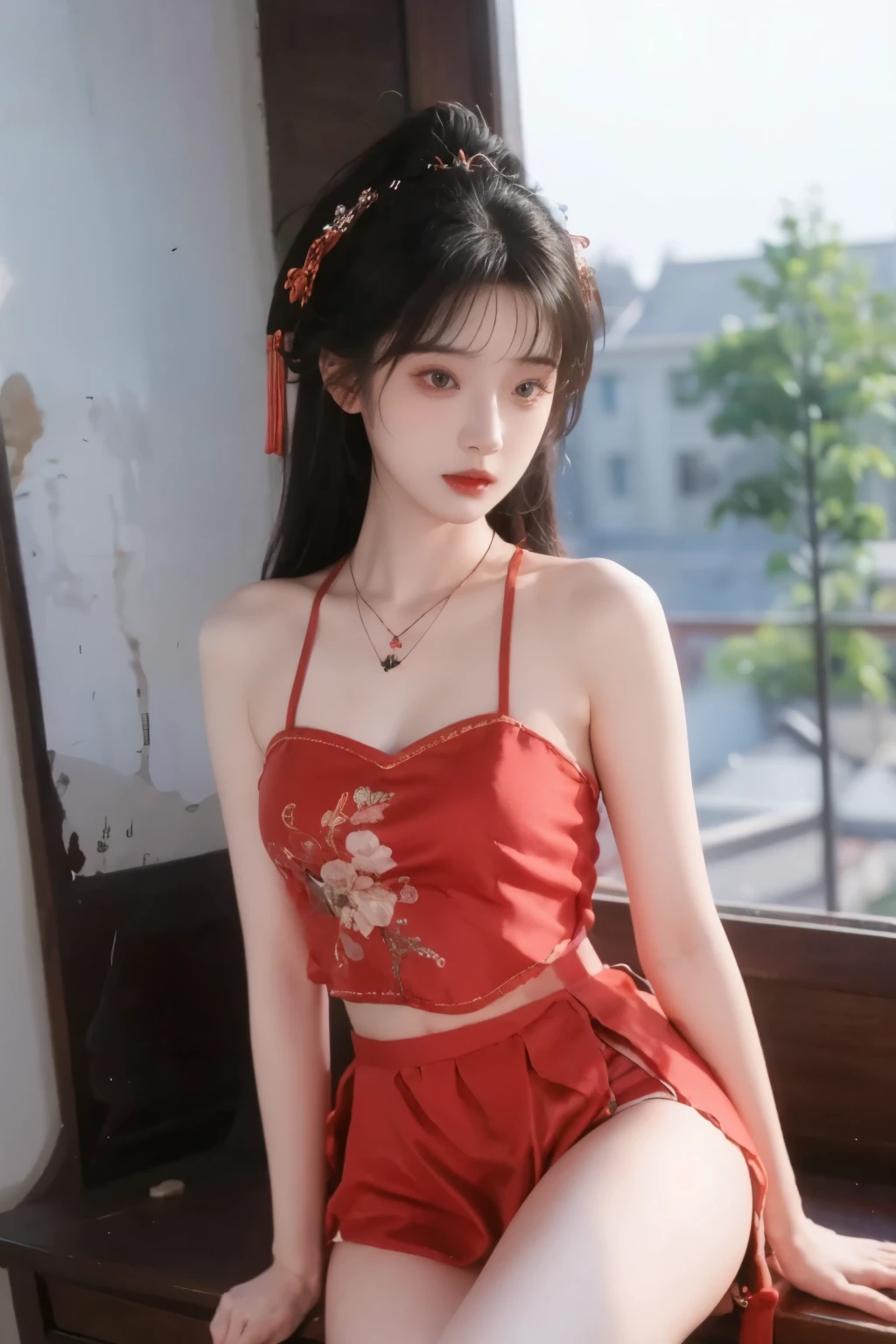 is the best quality,  masterpiece, High Aims, 1 girl, Beautiful red Hanfu, Hair   ornaments,  necklace,   ornament, pretty face, When the body, Tyndell effect, Realistic portrait, Dark Studio, Edge lighting, Bicolor Light , (very delicate skin:1.2),  8,000 uhd, DSLR, Soft Light, High quality, Volumetric Lighting, Honest, photo, high resolution, 4K,  8,000, Bokeh, dark hair，PINK HAIR TIPS, pink eyes.1 girl, skirt,  Hair accessories , red skirt, alone,  Chinese clothing ,  long hair, Sitting, bare shoulders, window, brown hair, OK, interior, dark hair,
