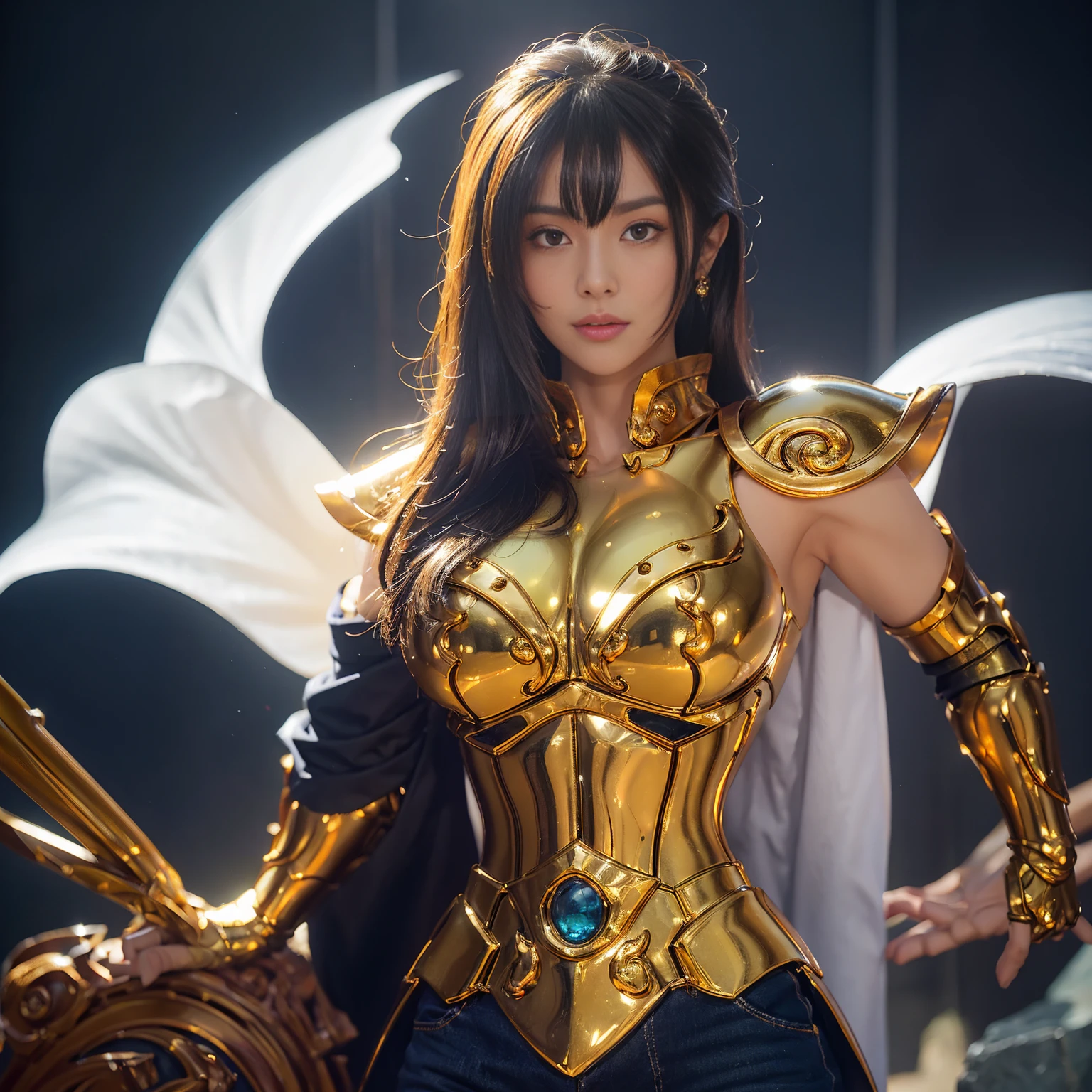 ((1woman))), asian young woman, japanese girl, korban idol, persian girl, angelic beautiful, a fully body hyper realistic ultra detailed photograph of a beautifull Woman 27 years old photorealistic full pose style aiolia at agreek ruins background, tattered leo gold half shiny metal armor, long black hair, blue eyes, large sagging breasts, dynamic pose, detailed face, 30-megapixel, 4k, Canon EOS 5D Mark IV DSLR, 85mm lens, sharp focus, intricately detailed, long exposure time, f/8, ISO 100, shutter speed 1/125, diffuse back lighting, award winning photograph, facing camera, looking into camera, monovisions, perfect contrast, High sharpness, facial symmetry, depth of field, ultra-detailed photography, raytraced, global illumination, TanvirTamim, smooth, ultra high definition, 8k, unreal engine 5, ultra sharp focus, award-winning photograph, trending on artstation, realistick 8k
