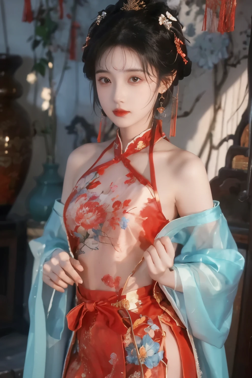 ( masterpiece, Top Quality, Best Quality, official art, Beautiful and Aesthetic:1.2), (1 Girl:1.3), flat chest,  extremely detailed,(Fractal Art:1.1),(colorful:1.1)(Flowers:1.3),Highest Detail,(dynamic pose), (background:1.3), (traditional Chinese costume:1.2), (shiny skin), ( many colors :1.4), ,(earrings:1.1),