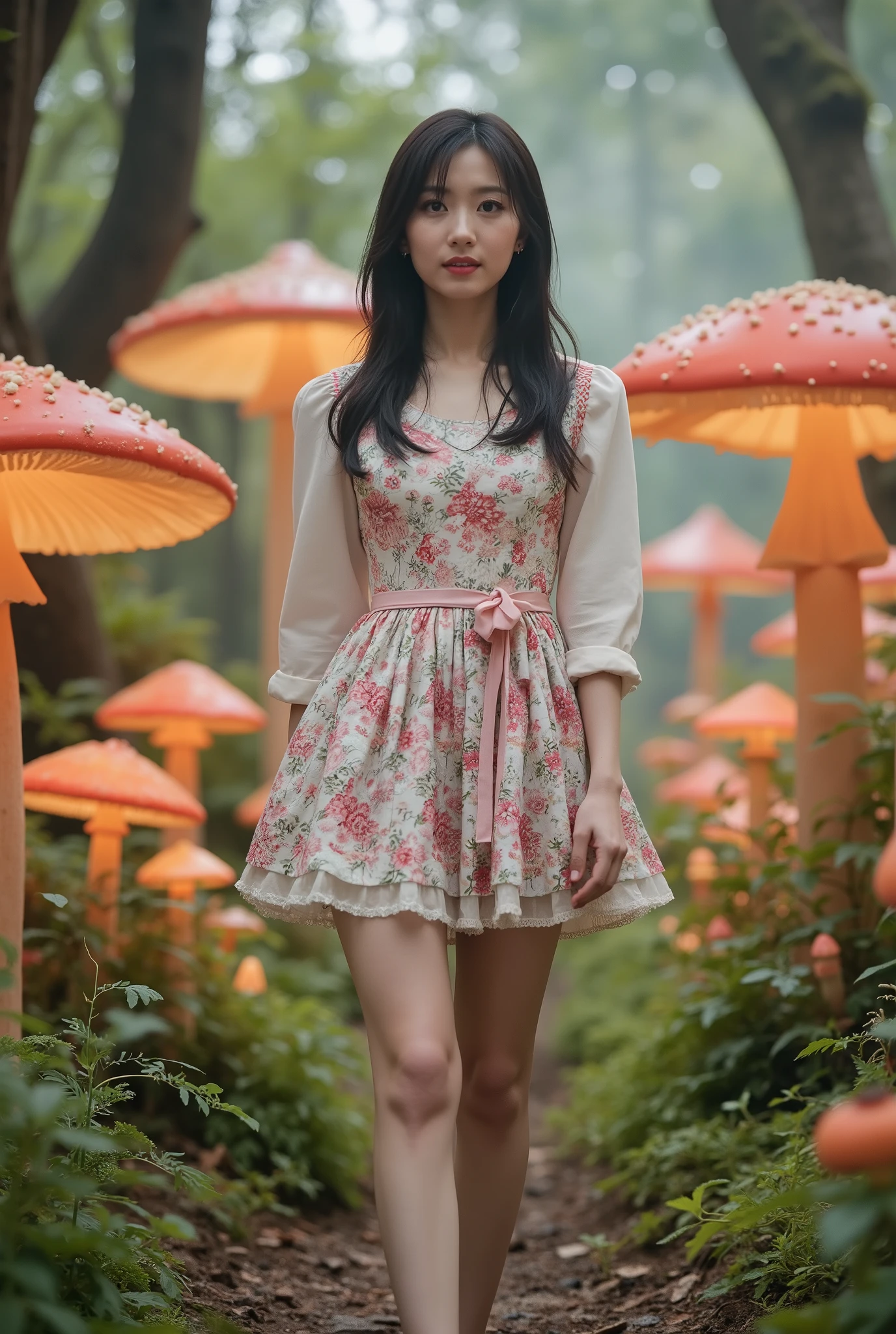 Create a portrait of a stunning Japanese actress standing gracefully in a whimsical, colorful world. She is wearing a cute, fairy-tale-inspired mini dress that accentuates her slender figure, small bust, and thin legs. The background features a magical forest filled with large, glowing mushrooms, all rendered in vibrant colors. Capture this scene from a dynamic angle to enhance the enchanting atmosphere.
