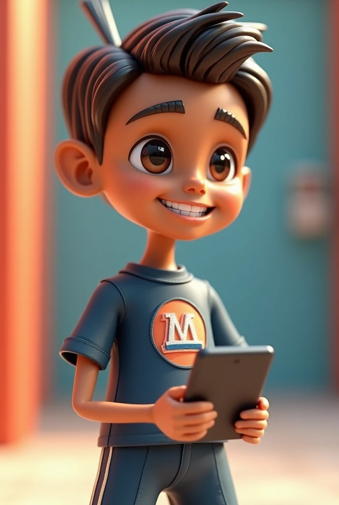 A 3D male doll styled in the, with brown skin and dark brown hair with a slight sheen. Her eyes are large and expressive, transmitting happiness. he wears a medium-dark blue shirt with a modern design, including a logo composition on the chest. the shirt matches shorts or sports pants and stylish sneakers. the doll holds a cell phone in his right hand, looking at the screen with a lively and enthusiastic expression. The background is smooth and vibrant, cartoon style highlighting the character with soft lighting and realistic shadows for a striking three-dimensional effect.