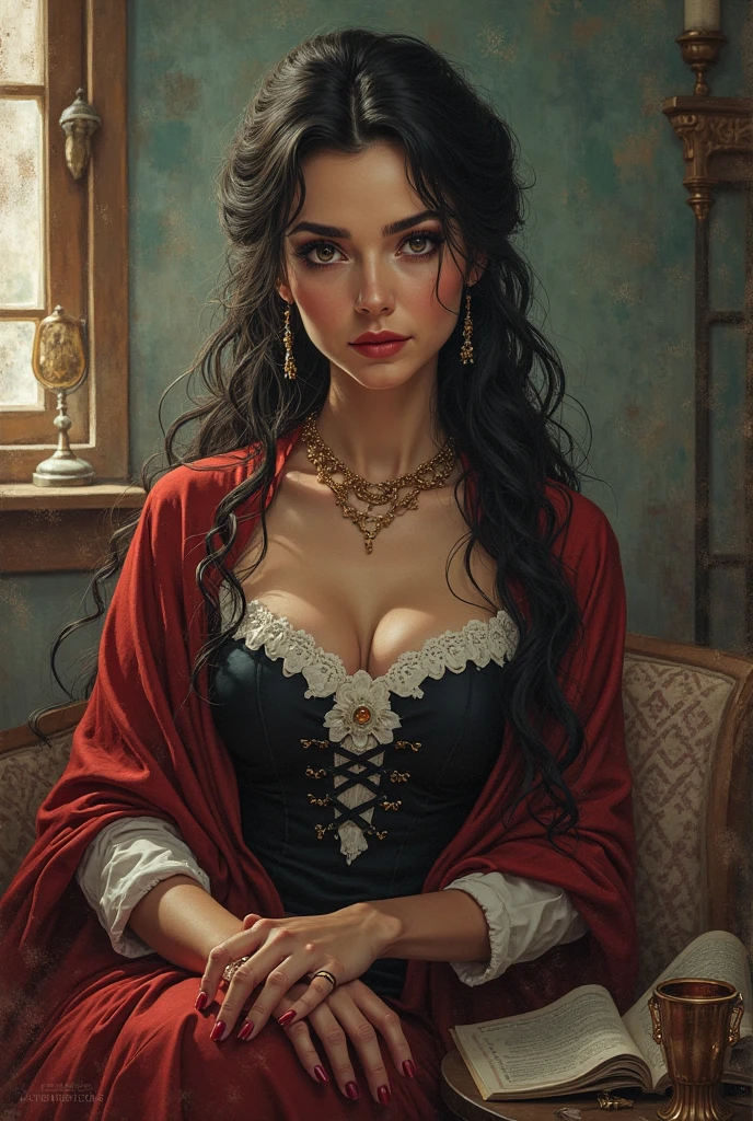 A brunette woman with long hair sitting on a couch in sexy clothes, Realistic, Muitos detalhes, Tema Fantasia Medieval, corpo inteiro, rosto da princesa, corpo definido, Realismo, Cinematic lighting, de cima, super detalhe