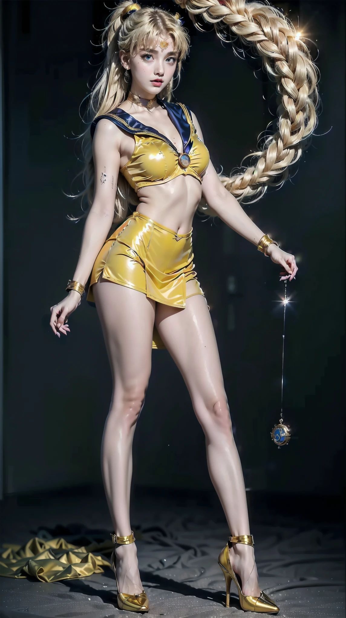 From below, full: 1.3, to stand, masutepiece, 3D, Realistic, Ultra-micro photo, of the highest quality, ultra-detailed CG unity 8k Wallpaper, Intricate details, (Female: 1 person), 12 years old,(( Luxurious large golden tiara on forehead:1.6, Dark orange color,Deep orange sailor color,Dark orange sexy pleated ultra mini skirt: 1.3,Pants are visible, dark orange gloves on the elbows,,,,,,:1.1, very large dark blue bow in the center of the chest,,,,,,: 1.6,,, very large red bow on the back of the head,,,,:1.3)),(SV1, Sailor Senshi Uniform, Orange skirt, elbow groves, tiarra, Orange sailor collar, Red bow, orangechoker, White Gloves, Jewelry),Bare upper arms:1.4, , Incredibly long straight very bright blonde: 1.2, Shiny beautiful straight long blonde hair: 1.2, sailorvenus, Minako Aino,(Sailor Senshi uniform revealed, Bare upper arms: 1.5, Luxurious gold decoration: 1.2, Long white latex gloves with luxurious gold decoration: 1.3, very large yellow bow behind the waist,,,,,: 1.1, orangechoker, Cleavage looks sexily boldly big, Orange heart-shaped earrings)), Dynamic Golden Chain, Dynamic angles,((Fighting stance)),highly dramatic picture, ((Seductive smile, Very pretty face, Face Details: 1.5, Very bright blue eyes, Beautiful face, beautidful eyes, Outline of the iris,thin lips: 1.3, thin and sharp pale eyebrows, long dark eyelashes, Double eyelashes)), Luxurious golden jewelry for the whole body, (Very thin and fitting high gloss silver-white holographic leather: 1.3), White Silver Ultra High Leg Cut Swimsuit, Huge white wings, thin and muscular muscles, Muscular abs, a small face, Huge breasts, Perfect proportions, Perfect hands: 1.5, Octane Rendering, Strong natural light, Focus: 1.0, Maximum clarity and sharpness, ([long hair hair]:1.8), (full body:1.8), (upper body up:0.3), (hyper realistic:1.4), (realistic:1.3), (best quality real texture skin), Detailed eyes, detailed face, PERSEPHONE, (SFW:1.5), Hyperrealistic,huge saggy breasts,