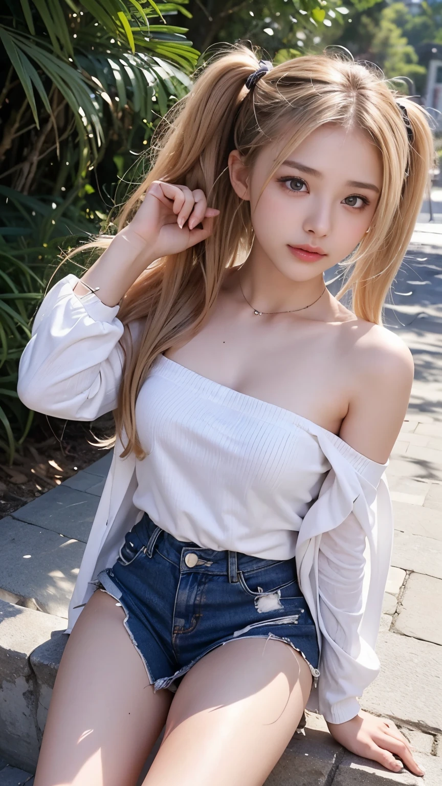 whole body、Nude,Sexy、Sexy cute looks and cute 15 year old beautiful girl, Beautiful and sexy face、A strong wind blows my hair in front of my face、Beautiful long straight greyish-beige hair with beautiful, cute and sexy eyes hidden by long bangs、Completely naked、See-through,Light blue eyes、Shorts、White T-shirt、Off the shoulder、Tube top、Down blouse、bent over、bowing、