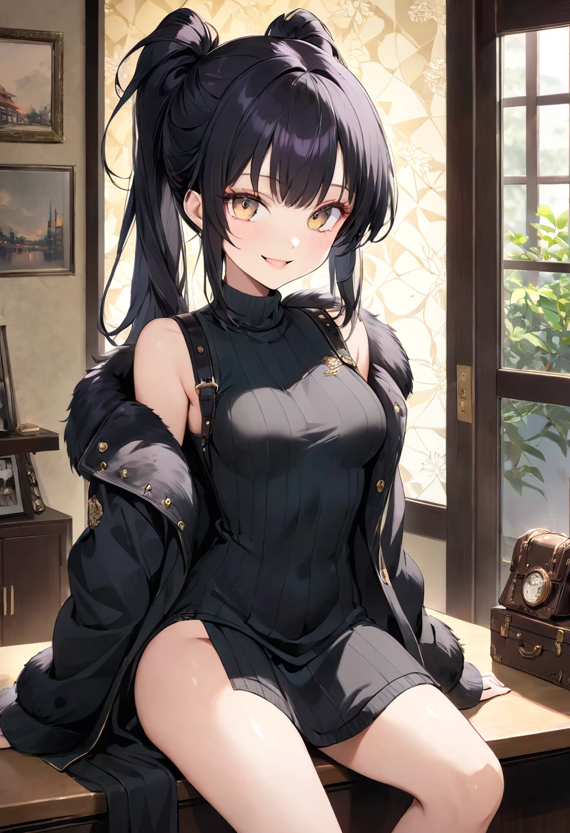 A girl sits on a chair at a huge table. Eyes look our way. Aggressive look, arrogant. The girl is wearing a dark dress. dark hair., Red eyes, teenager.