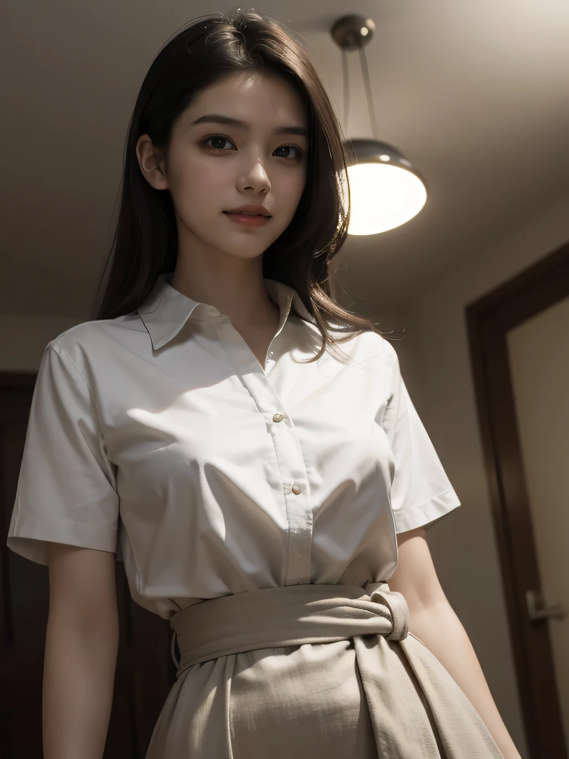 [(Hustleblad H6D-400c)], [(Medium Image)], [(400 megapixels)], (Photoreal: 1.4), (RAW Photo: 1.2), (8k), (Masterpiece) : 1.3), (Realistic), (Hyperrealistic), Ultra Detailed, very_high_realistic:1.5, very_high_resolution:1.5, HDR, Unity, 8k, amazing, fine detail, official art, highly detailed CGUnity 8k wallpaper, (highest quality), incredibly absurd, super detailed, light on the face, cinema light, cinema lighting, professional lighting, photon mapping, radiosity, physically based rendering, solo focus, sharp focus, high resolution, very detailed, very delicate and beautiful, Intricate details, facial muscles, beautiful detailed girl, natural makeup, very detailed face, smiling little, one girl, ((solo)), [(long) slightly curled and voluminous black hair with bangs)], [(fine, beautiful amber yellow eyes: 2), symmetrical eyes, extremely dense eyes], glossy skin, perfect skin, (adult face: 1.2), (middle chest: 1.3), slightly sagging eyes, thin waist, appropriate proportions, perfect body, ((office clothes)), café uniform with a sense of cleanliness, elegant and soft look, clothes that do not show the chest, slightly fleshy body, makeup, smile (mouth closed, shy: 1.3), (standing, black stewardess uniform, café uniform: 1.1), medium bust, office lady, staring at the viewer, upper body only, Both hands are in front of the stomach