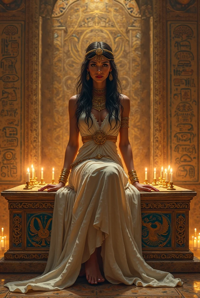 Create a visually striking scene where an Egyptian Emo Princess is being carried on a lavish, ancient palanquin by skeletal servants. The princess wears a dark, intricately designed gown with Egyptian motifs, her long, straight black hair adorned with golden ornaments and a dark, dramatic makeup that highlights her eyes. She sits regally, her expression both melancholic and powerful.
All around her, the landscape is filled with the haunting presence of demonic slaves, their glowing eyes piercing through the dim, eerie light. The scene is lit by torches casting flickering, ominous shadows and the faint glow of a blood-red moon in the sky, creating a foreboding atmosphere.
The ruins of ancient Egyptian architecture loom in the background, shrouded in darkness and mystery. The overall ambiance is one of gothic horror and ancient majesty, with the princess's presence commanding the scene amidst the unsettling surroundings.