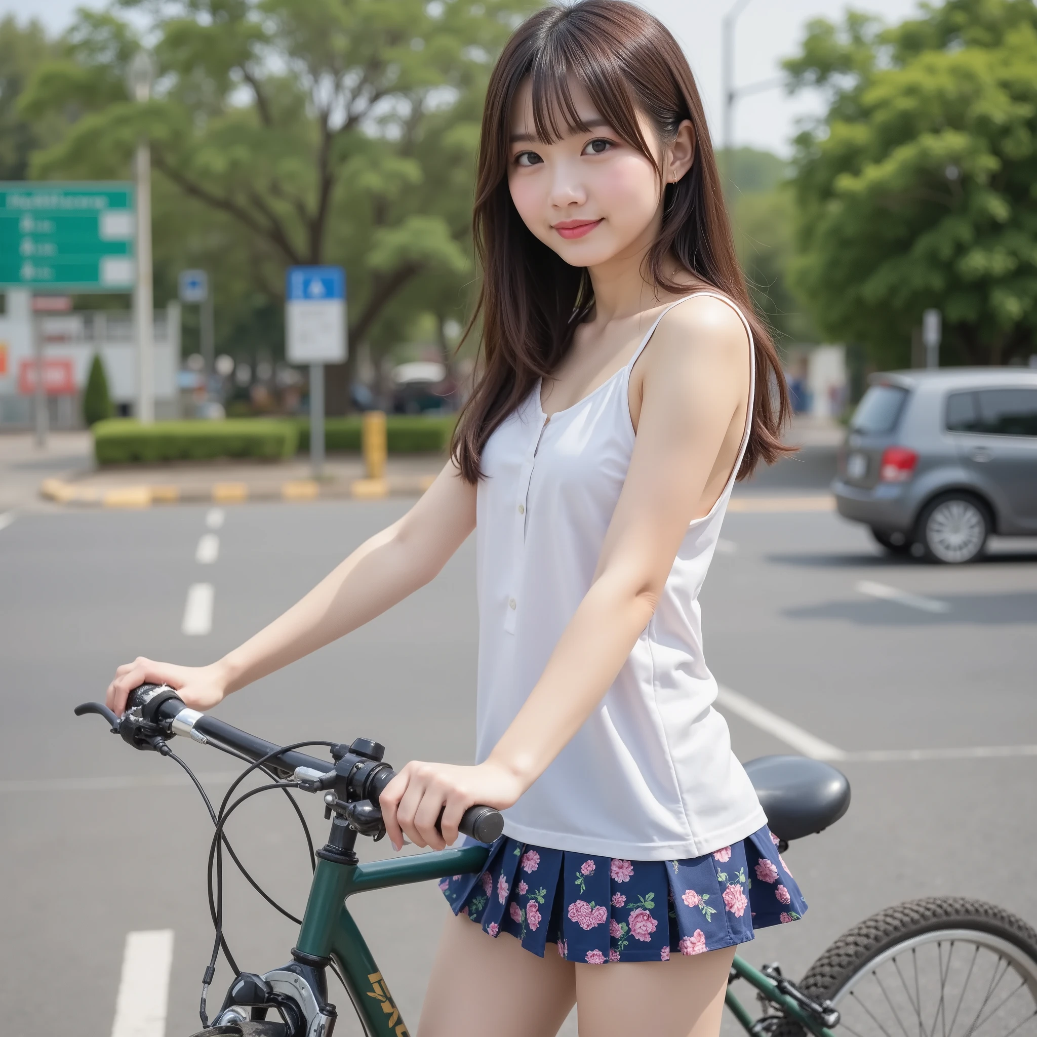 (City roads), masterpiece:1.37,  super realistic, Photorealistic, dramatic scene, smile:0.8, (25 year old asian girl, alone, alone), (medium chest, medium ass, Japanese models, thin waist, beautiful eyes, beautiful face, symmetrical eyes:1.21, ((long hair, two side up, hairstyle with bangs flowing sideways)), (((  loose simple tank top )), (curvy body), ((High school students riding bicycles)), (( high-school uniform )), (( pleats mini skirt )), break, ((visible floral panties)), ((thigh-length tights)), ((oblique back view:1.37))