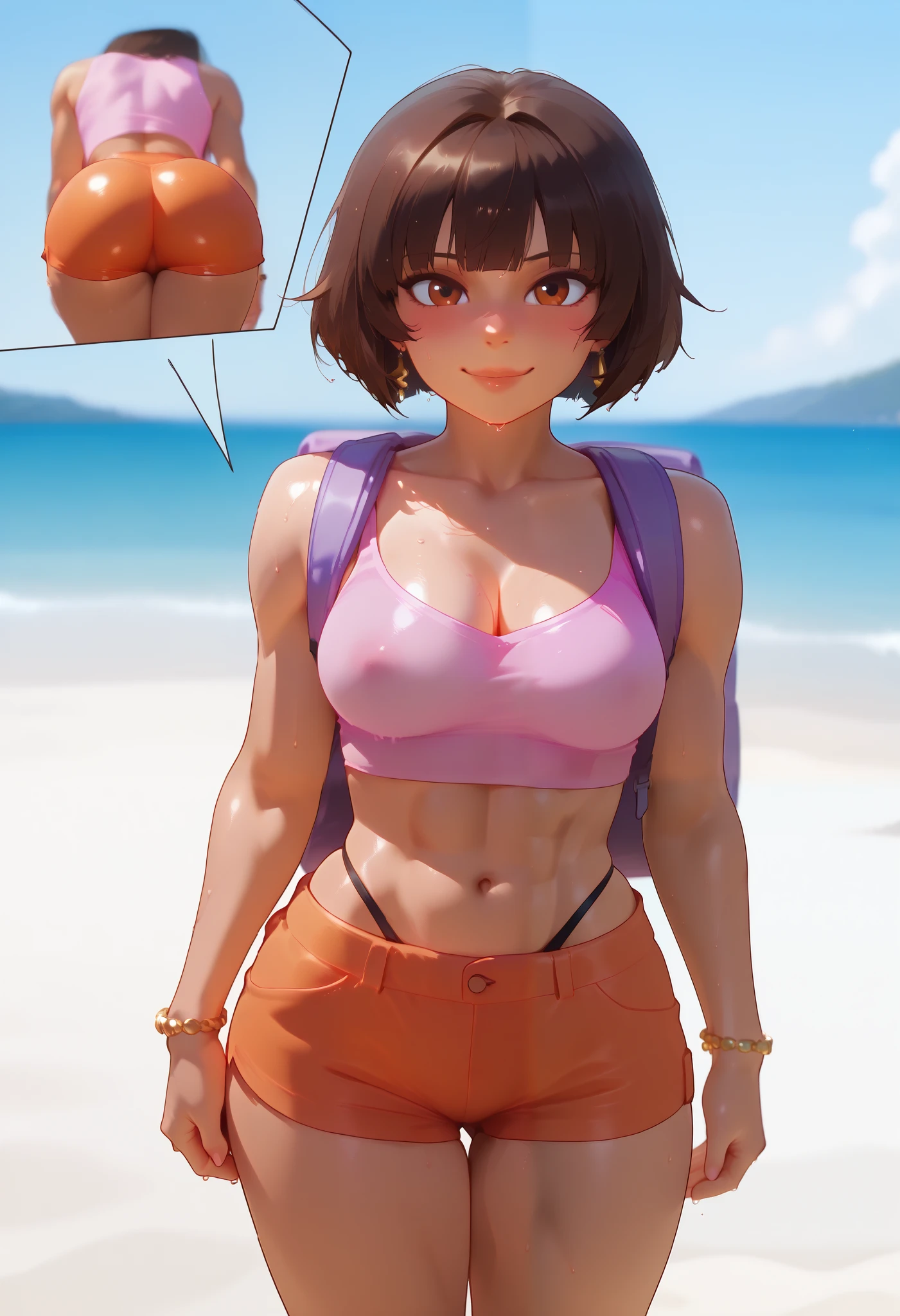 young tomboy, white skin, short curly hair, black hair, Olympic stadium, ((white tank top)), visible breasts, low-cut speedo, slight smile, arms raised, clothes soaked in sweat, nipples slightly visible, large thighs, ((full body shot)), ass hanging out, ((photo taken from below))