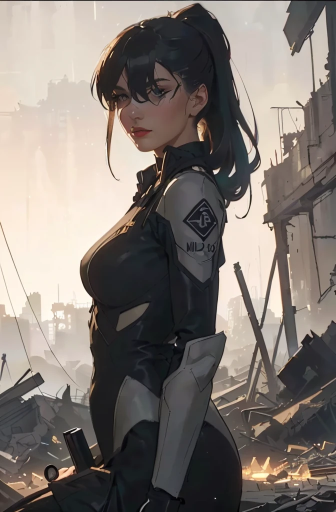 Black Hair、Long Hair、22 years old、woman、Asian、Battle Suit、ruins、profile、Sprinting、Hair flowing in the wind