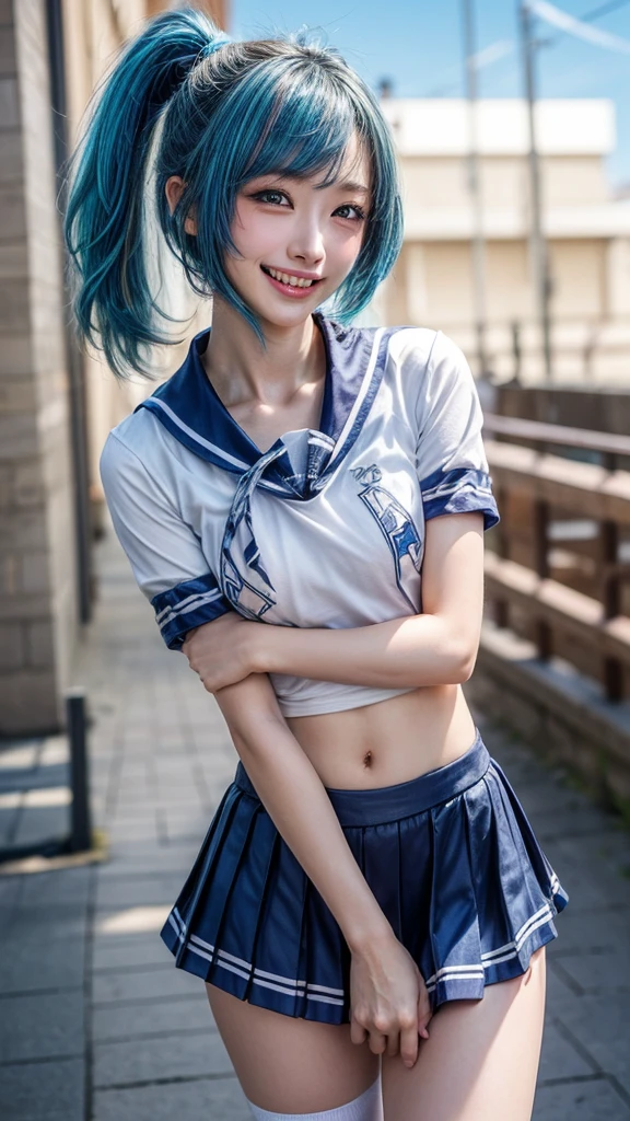 ((Subjective Perspective from Below:1)),(((happy smile, ponytail hair, beautiful, Shiny light blue hair :1.6),silver mesh )),((( (school uniform, skirt, serafuku, pleated skirt, Neckerchief, short sleeves, sailor collar, blue skirt, shirt, red Neckerchief, blue socks, loafers),sweaty face and body :1.3,cowgirl))),1 girl,Japanese,21 years old,(beautiful accurate young hand:1,small :1.3),(top quality,masterpiece:1.3,I can see pink on Super A high resolution,),(very well detailed,caustics),(photoreal:1.4,RAW shooting) super realistic capture ,Very Detailed,high resolution 16K human skin close-up。 natural skin texture、, Pores 、、、、、、、、teeth、it must be detailed enough to be easily identified。 肌teeth均一でなければならない, healthy shades of human skin 。 Use natural light and color, sad expression, perfect center part, (((cowgirlポーズ:1,blue sky,Around town:1,blurry background:1.8))),nffs