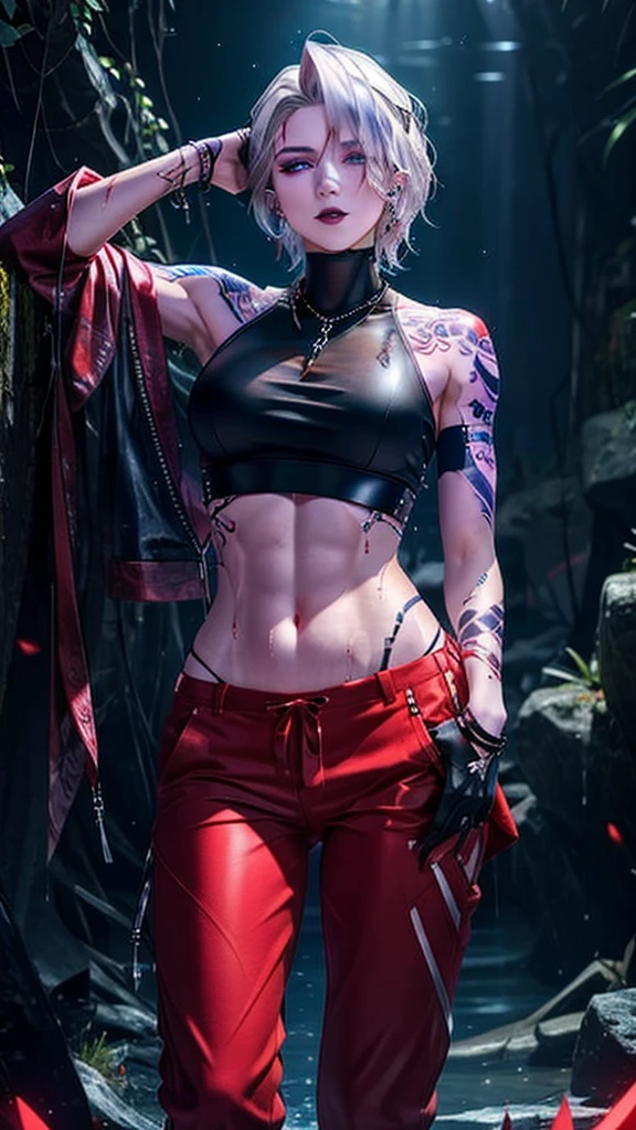 Zoya, perfect lighting, extremely detailed CG, 1girl, breasts, earrings, jewelry, makeup, medium breasts, necklace, shorthair, solo, bright red tattoo, arm tattoo, silver hair, wet, standing, pants, crop top,((masterpiece:1.2, best quality, high resolution, distinct image)), Zoya from path to nowhere, muscular female, sharp eye, bright red tattoo, perfect lighting, big breasts, bright white hair, black lips