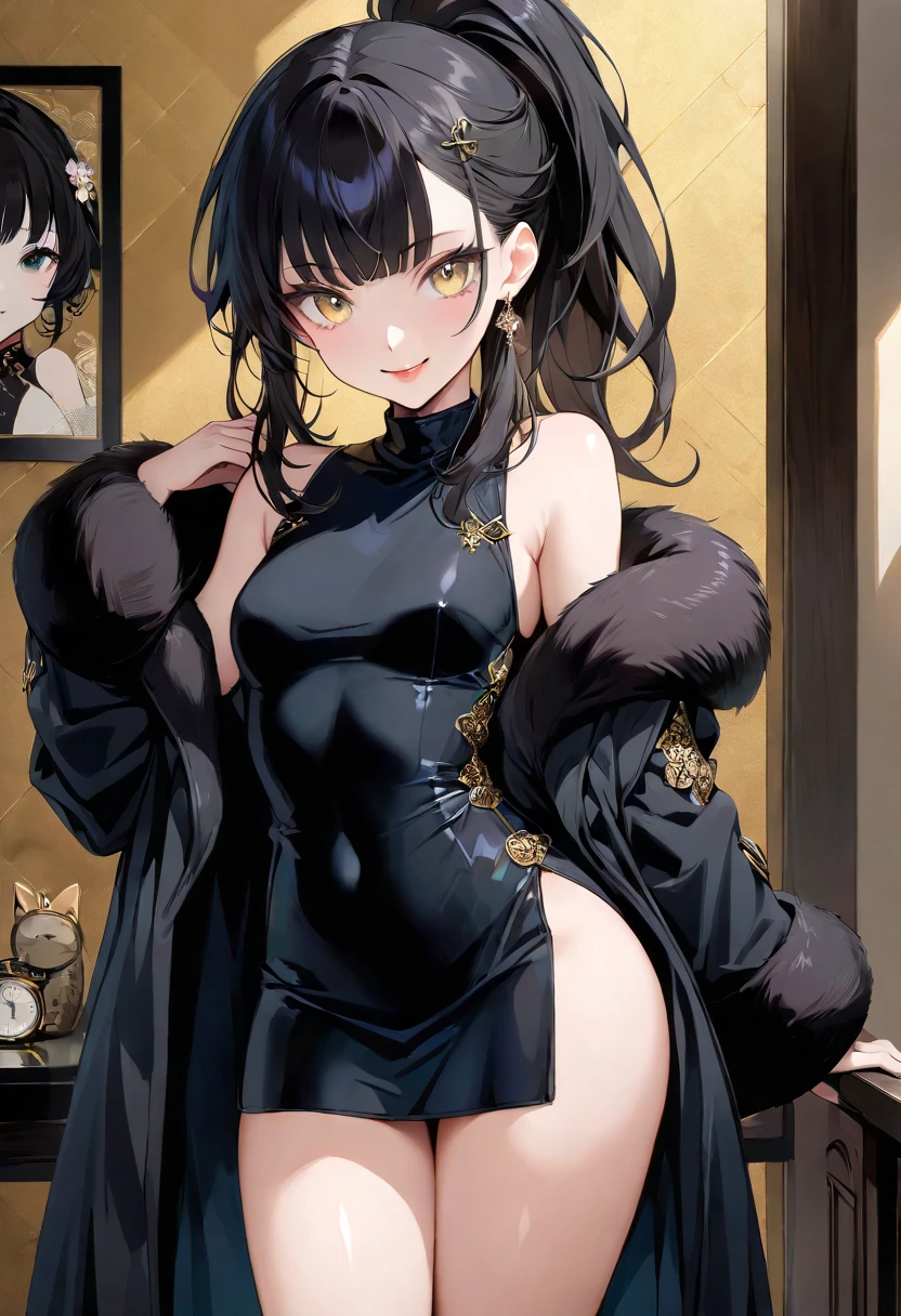 4k,High resolution,one woman,girl,black hair,short hair,cat ears,cat tail,slanted eyes,blue eyes,,slender,small breasts,tits,Bedroom,open leg,show your shoulders,naked,first round,,China dress,,wet with sweat,