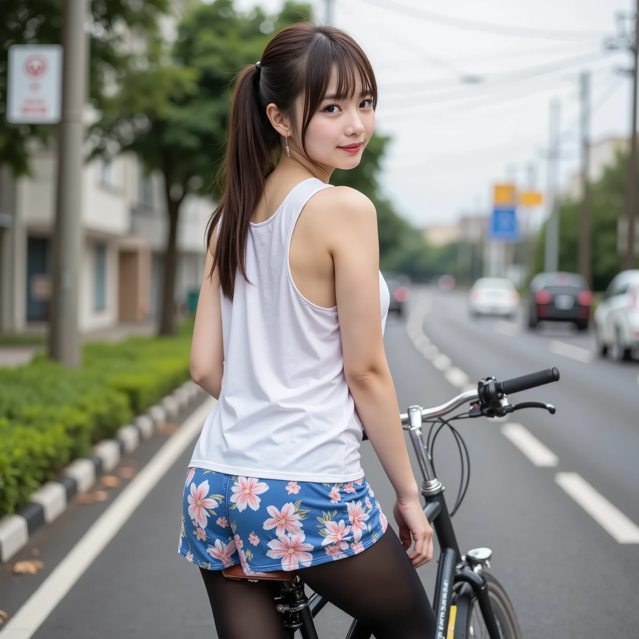 (City roads), masterpiece:1.37,  super realistic, Photorealistic, dramatic scene, smile:0.8, (25 year old asian girl, alone, alone), (medium chest, medium ass, Japanese models, thin waist, beautiful eyes, beautiful face, symmetrical eyes:1.21, ((twintail:1.37)), (((  loose simple tank top )), (curvy body), ((Get on a bike)), (( high-school uniform:1.37 )), (( mini skirt with visible floral panties)), ((Buttocks)), ((thigh-length tights)), ((oblique back view:1.37))