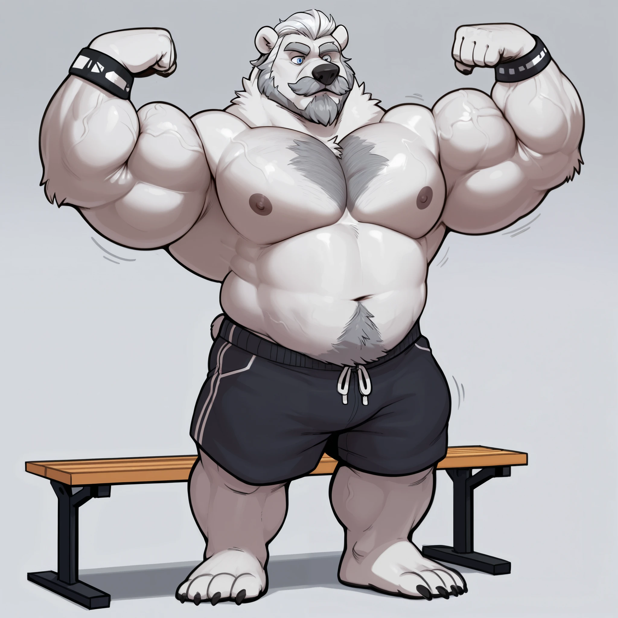 huge bulked up muscular polar bear in Californian muscle beach, big grunting noise, big bulked up flexing body, polar bear, huge white fur, thick arm, huge arm, added gray mustache, added gray beard, short white hair, weight: 310lbs, (veiny bulked up muscular, pectoral, wide pectoral, thick bulky arms), realistic, 8k, masterpiece, detailed gray eyebrows, detailed blue eyes with blue pupils, (wearing black short trunks, wristbands, shirtless, topless, half naked and feet), doing bench presses
