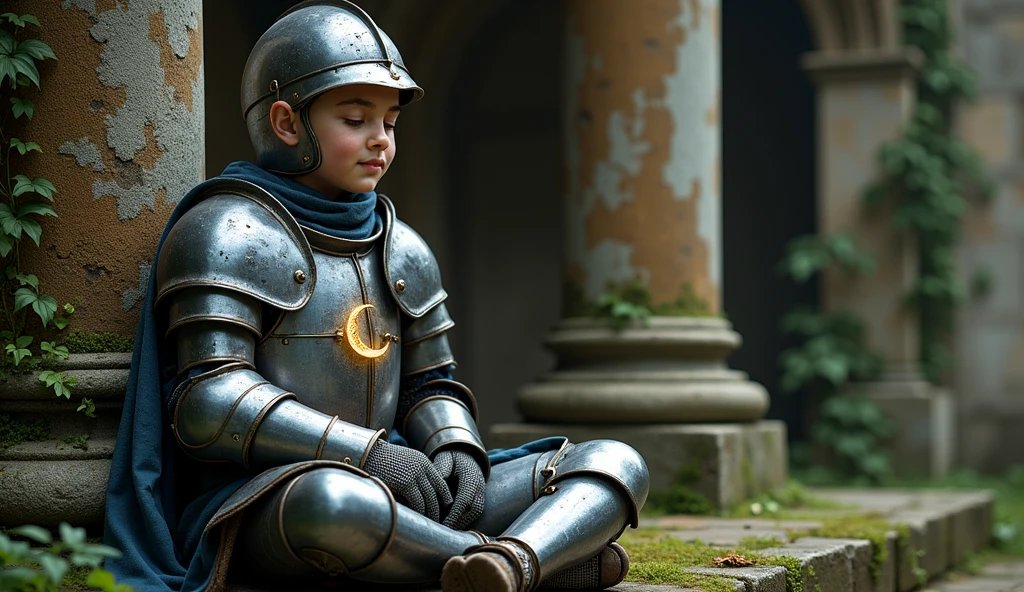 A boy in a wheelchair, dressed as a majestic Italian-European knight, is rendered in 8K resolution with sharp focus and anime-style detail.