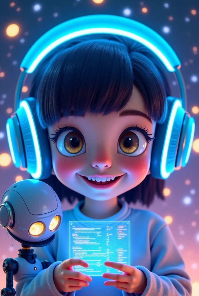 An enchanting and captivating profile picture featuring the adorable , Nona, embodying the innocence of hood and the wonders of artificial intelligence. Nona has a bright, curious smile and big, sparkling eyes filled with amazement. She wears futuristic, softly glowing blue headphones that symbolize technology and innovation. Beside her is a cute little robot with glowing eyes, displaying a screen with simple coding symbols and vibrant colors. The background is a dreamy blend of stars and sparkles, creating a magical world where science meets imagination. The primary colors are sky blue, soft purple, and golden accents, enhancing the sense of wonder and futuristic charm."