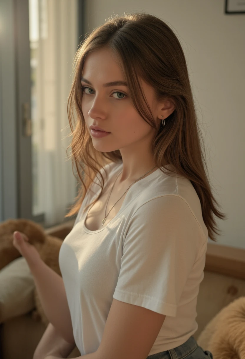 ((Best quality)), ((masterpiece)), (detailed), perfect face brown hair gathered in a ponytail girl in a white shirt full length