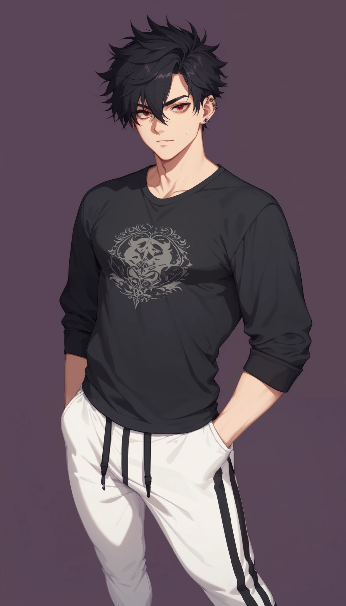 A Man (22 year old appearance) with messy medium sized black hair, messy fringe on his face, Above the eyes , fair skin and rose-red eyes, wearing black clothes , a black shirt , white sweatpants and black sneakers, has red piercings with ruby in one ear. He has a sharp eye, hunter's eyes . He has his hand in his pockets. Flat dark purple background.