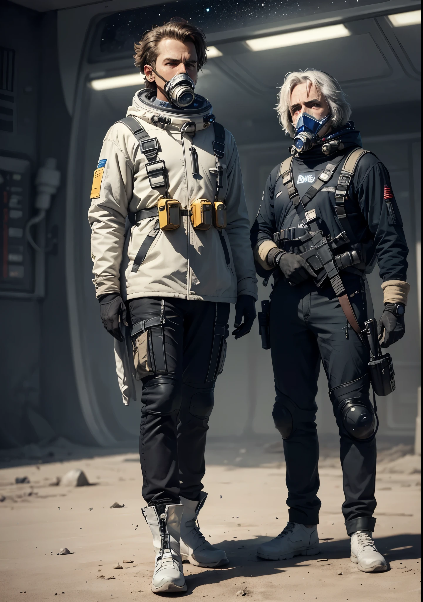 until, A man from the future, simple with old and frayed white synthetic clothes, light clothing, with white gas mask, with few technological devices, Cinematic Art, full body, science-fiction character, disheveled hair, worried face , Fight marks , wearing spacesuit pants, with a futuristic weapon, space boots, A doctor of the future