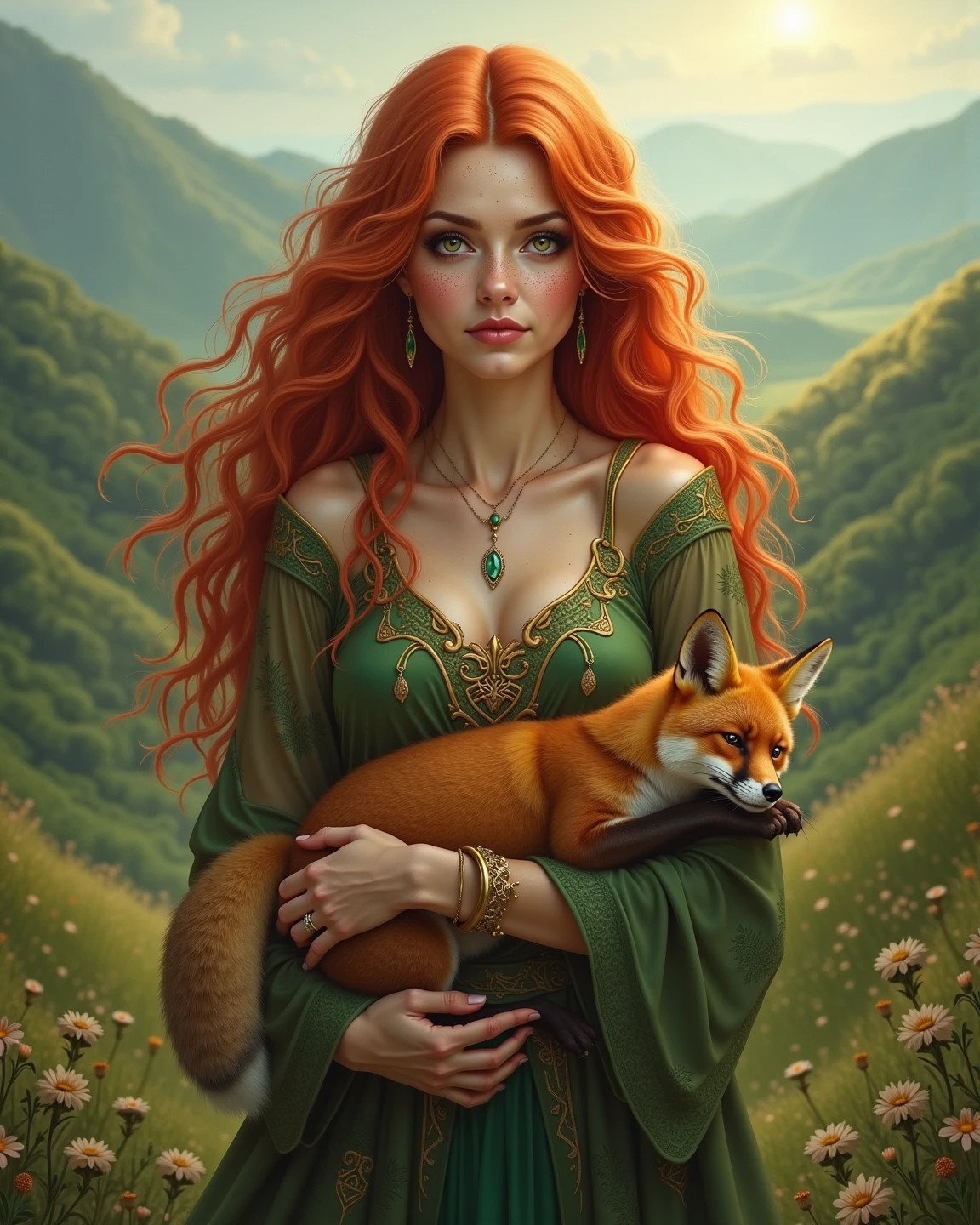 photorrealistic, fully body, a female figure (pregnant woman) with fantastic features. She has emerald green eyes, with red hair longos e lisos. in the head, he has a large ornament in the shape of animal ears (wolf's ears, with red hair) Verdadeira personificação wolf's ears mulhere grávida, wearing a cape, On the back of the head, lavishly decorated. Your eyes are attractive, large and appear to have a bright emerald iris. Her face has refined features and her lips are slightly pursed.. She is sitting on a rock with her knee bent to the side in an elegant, fluid pose., with her hands resting gently on her large belly. Their clothes are detailed and ornate. (medieval style), resembling a light fur coat or an official winter dress, with elements resembling feathers decorating the collar and sides. The background is hazy, with an implied landscape of water or ice, giving the whole image an ethereal and mysterious feel. The character can be interpreted as a warrior from another world or dimension. There is a couple of fairies on your side.