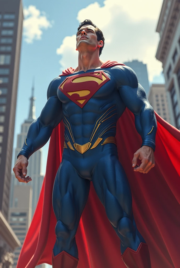 A highly realistic depiction of Superman, the iconic superhero, is showcased in this image. The focus is on Superman's muscular physique, defined facial features, and confident expression. His vibrant blue suit clings tightly to his body, emphasizing his superhuman strength. The iconic red cape flows behind him, adding a sense of motion and grandeur to the scene. The lighting in the image accentuates the contours of his body, creating realistic shadows and highlights. The background features a cityscape, with tall buildings and a cloudy sky, hinting at Superman's role as a guardian of Metropolis. The attention to detail in the rendering captures the essence of Superman's character, showcasing his power, determination, and unwavering commitment to justice. This realistic portrayal of Superman pays homage to the beloved superhero while emphasizing his iconic presence and larger-than-life persona