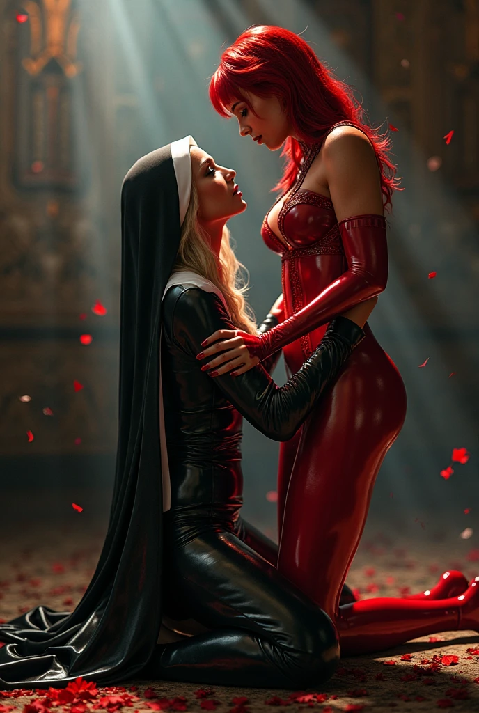 vampire teeth , ((((nighttime))) , 2girls, long hair , RAW photo, high quality, film grain,simple background, presenting, beautiful, (silver and red lined satin cloak tied at the neck:1.20) , ((biting neck:1.20)) , breasts, blood , cum in pussy, big ass, ,biting neck ,clothes lift,bottomless,  moonlit graveyard , (2girls,yuri), biting neck, naked pussy
